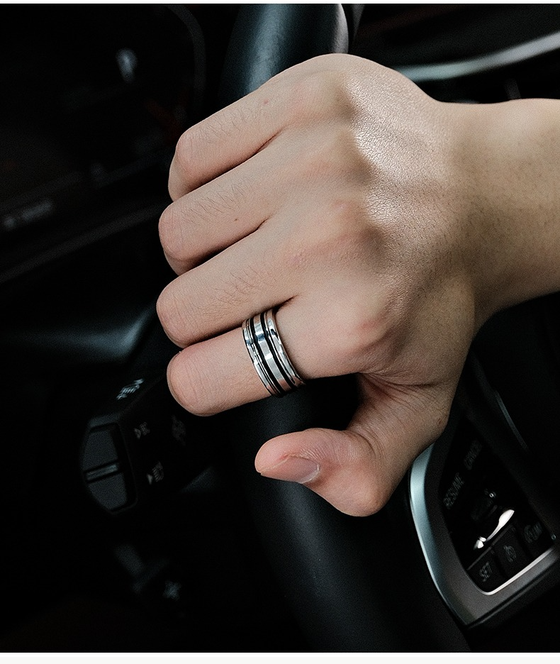 9mm Men's 857 Tungsten Ring with Black and White Stripes Tungsten Steel Trendy High-end Personality Fashionable and Versatile Wide Version of Black Gold Ring Classic and Simple Plain Ring Wear-resistant and Hypoallergenic