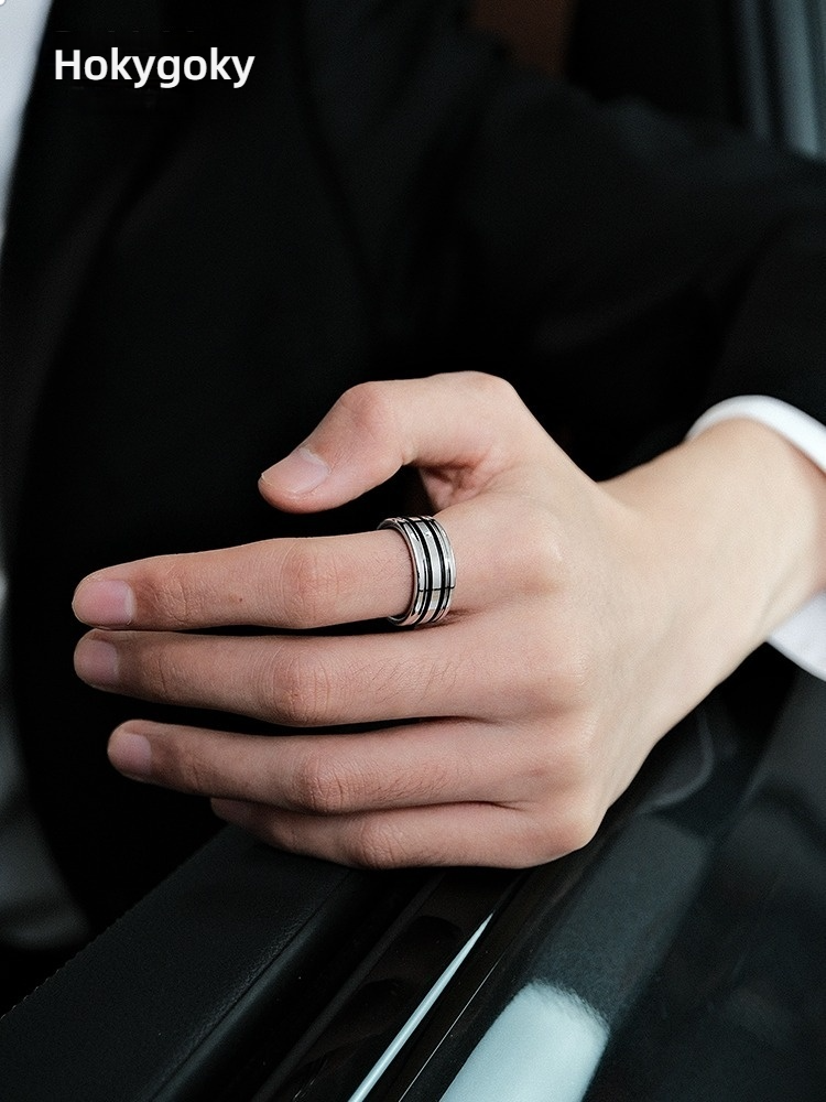 9mm Men's 857 Tungsten Ring with Black and White Stripes Tungsten Steel Trendy High-end Personality Fashionable and Versatile Wide Version of Black Gold Ring Classic and Simple Plain Ring Wear-resistant and Hypoallergenic