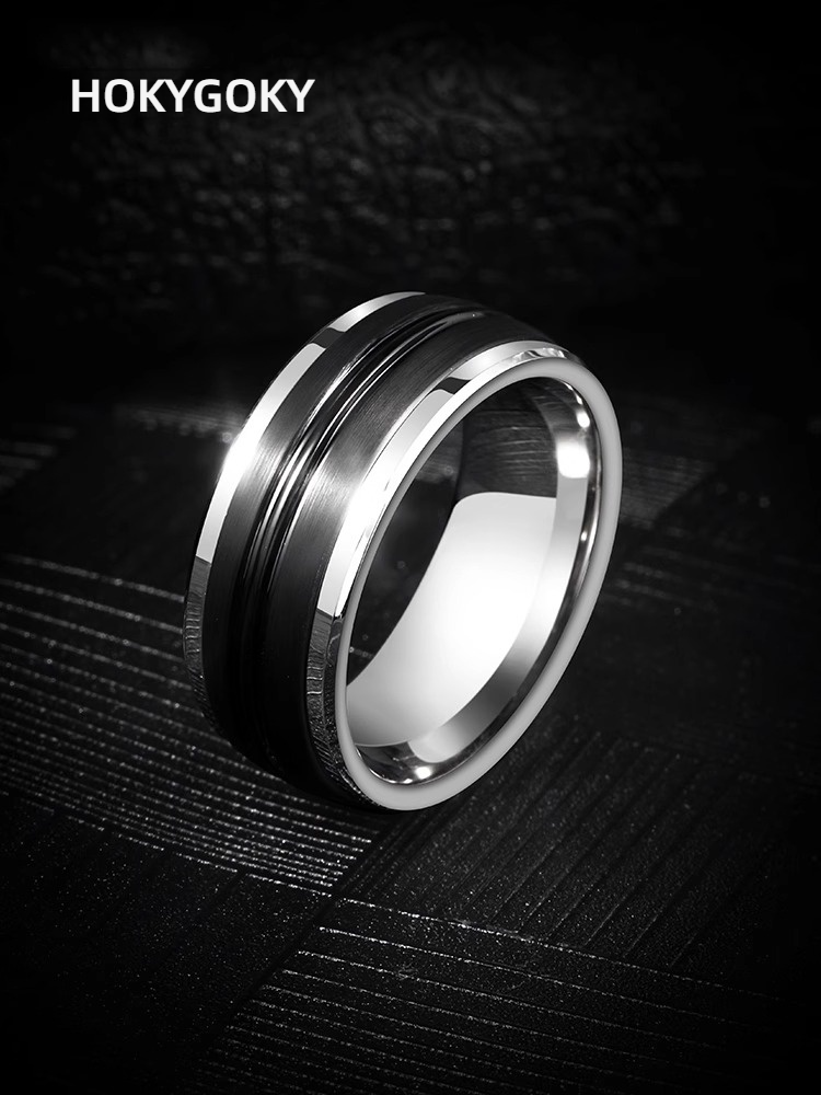 9mm Unisex Black Ring Brushed Simple and Versatile High-End Fashion Ring Wide Version Ring Men's Tungsten Gold Ring Classic Brushed Black and Silver Contrast Wear-Resistant and Scratch-Resistant Comfortable Fit Support Private Customization