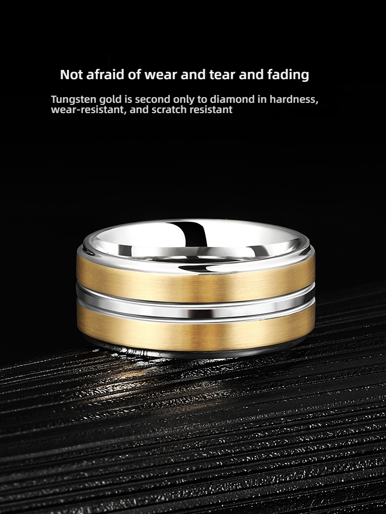 10mm Men's Tungsten Ring Silver High-End Personality Versatile Fashion Simple Wide Plain Ring Men's Tungsten Ring Classic Brushed Gold White Contrast Wear-Resistant Scratch-Resistant Skin-Friendly Gentleman Fashion Jewelry