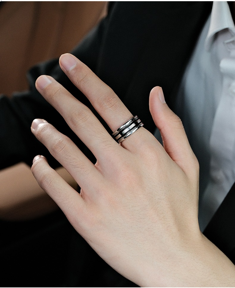 9mm Men's 857 Tungsten Ring with Black and White Stripes Tungsten Steel Trendy High-end Personality Fashionable and Versatile Wide Version of Black Gold Ring Classic and Simple Plain Ring Wear-resistant and Hypoallergenic