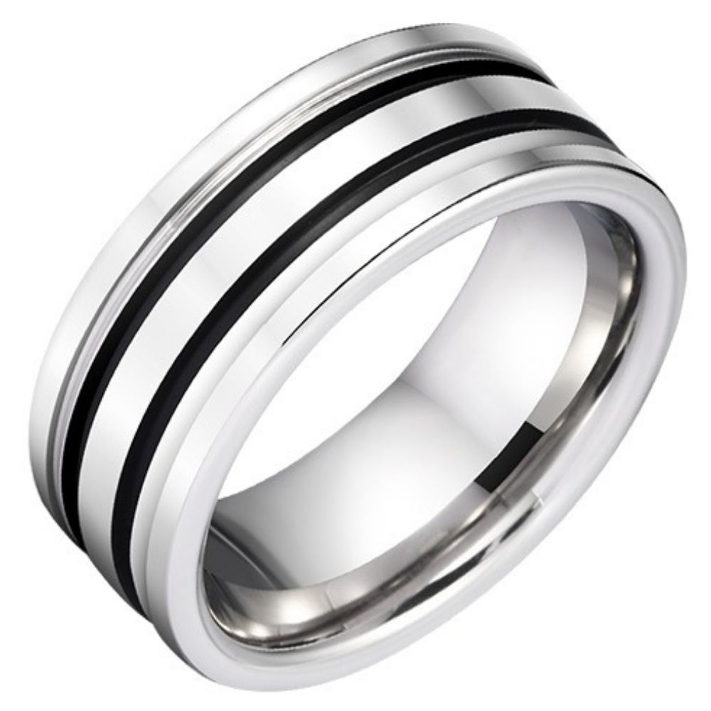 9mm Men's 857 Tungsten Ring with Black and White Stripes Tungsten Steel Trendy High-end Personality Fashionable and Versatile Wide Version of Black Gold Ring Classic and Simple Plain Ring Wear-resistant and Hypoallergenic