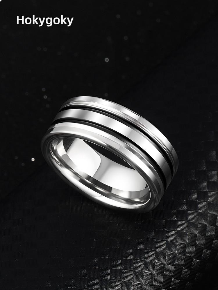 9mm Men's 857 Tungsten Ring with Black and White Stripes Tungsten Steel Trendy High-end Personality Fashionable and Versatile Wide Version of Black Gold Ring Classic and Simple Plain Ring Wear-resistant and Hypoallergenic