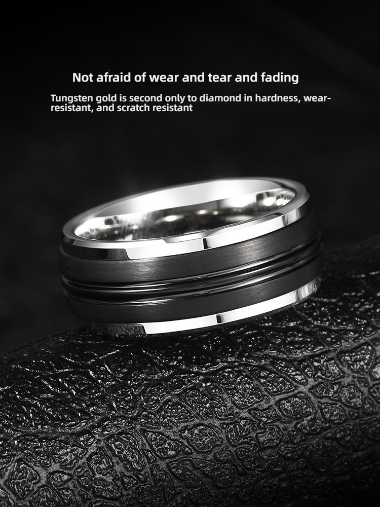 9mm Unisex Black Ring Brushed Simple and Versatile High-End Fashion Ring Wide Version Ring Men's Tungsten Gold Ring Classic Brushed Black and Silver Contrast Wear-Resistant and Scratch-Resistant Comfortable Fit Support Private Customization