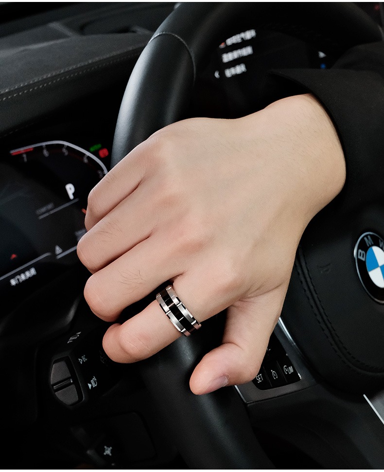 9mm Men's Tungsten Gold Black Ceramic Inlaid Ring Trendy Personality Versatile High-end Fashion Ring Wide Version Tungsten Steel Index Finger Ring Fashionable and Simple Scratch-resistant and Wear-resistant