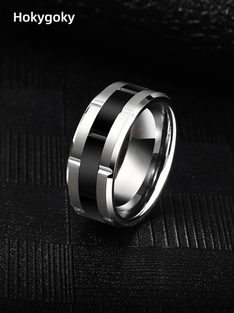 9mm Men's Tungsten Gold Black Ceramic Inlaid Ring Trendy Personality Versatile High-end Fashion Ring Wide Version Tungsten Steel Index Finger Ring Fashionable and Simple Scratch-resistant and Wear-resistant