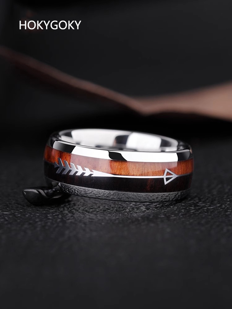 8mm Men's Ring Acacia Wood Punk Ring Bow and Arrow Tungsten Ring Atmospheric and Elegant Tungsten Acacia Wood Ring Hand-Inlaid Red Bean Wood Love at First Sight Design Scratch-Resistant and Wear-Resistant Men's Light Luxury Ring