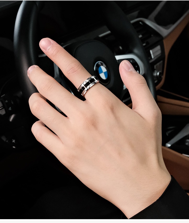 9mm Men's Tungsten Gold Black Ceramic Inlaid Ring Trendy Personality Versatile High-end Fashion Ring Wide Version Tungsten Steel Index Finger Ring Fashionable and Simple Scratch-resistant and Wear-resistant