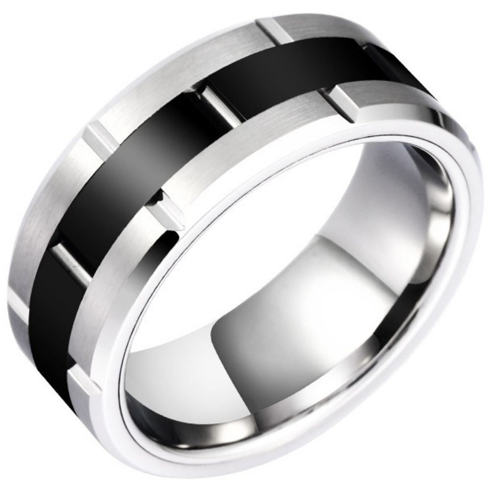 9mm Men's Tungsten Gold Black Ceramic Inlaid Ring Trendy Personality Versatile High-end Fashion Ring Wide Version Tungsten Steel Index Finger Ring Fashionable and Simple Scratch-resistant and Wear-resistant