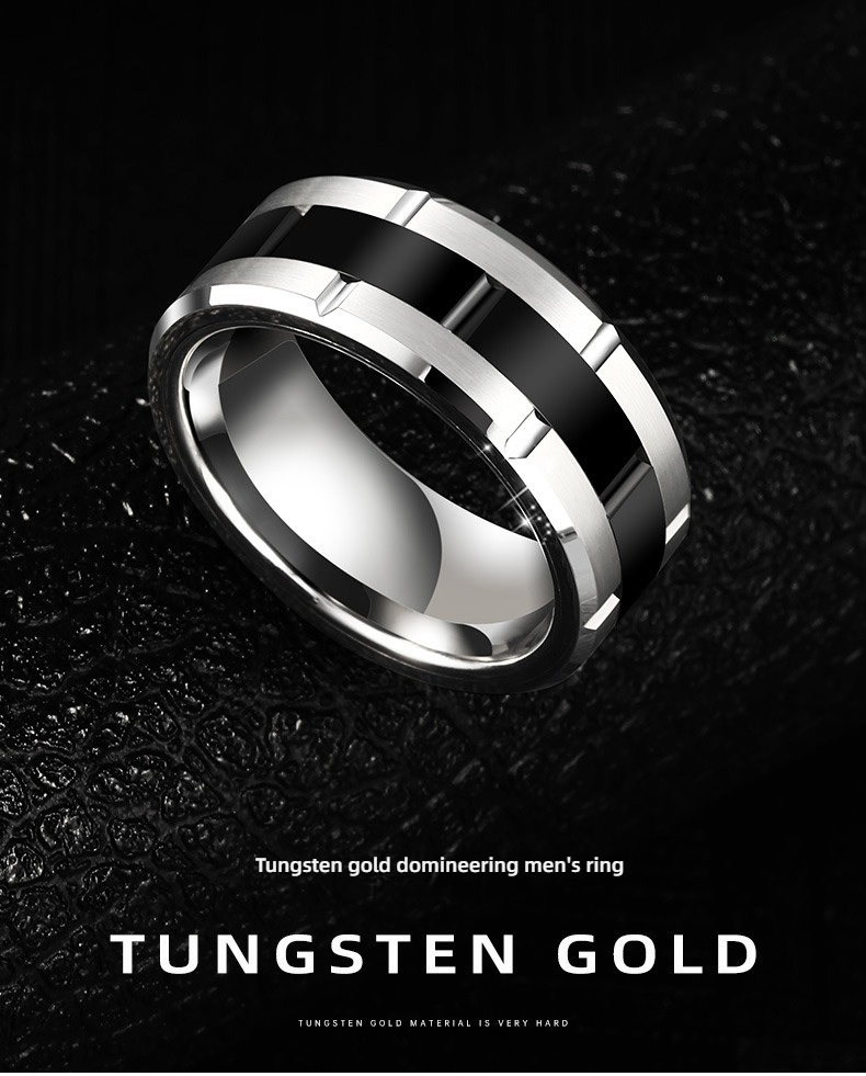 9mm Men's Tungsten Gold Black Ceramic Inlaid Ring Trendy Personality Versatile High-end Fashion Ring Wide Version Tungsten Steel Index Finger Ring Fashionable and Simple Scratch-resistant and Wear-resistant