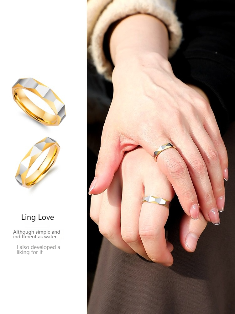 Men's Trendy Tungsten Gold Simple Personality Versatile Ring Ladies' Niche Faceted Index Finger Ring Couple Ring Jewelry Ling Love Couple Ring Gold and Silver Contrast Tungsten Gold Couple Ring Engraving Custom Pure and Loyal Love Symbol