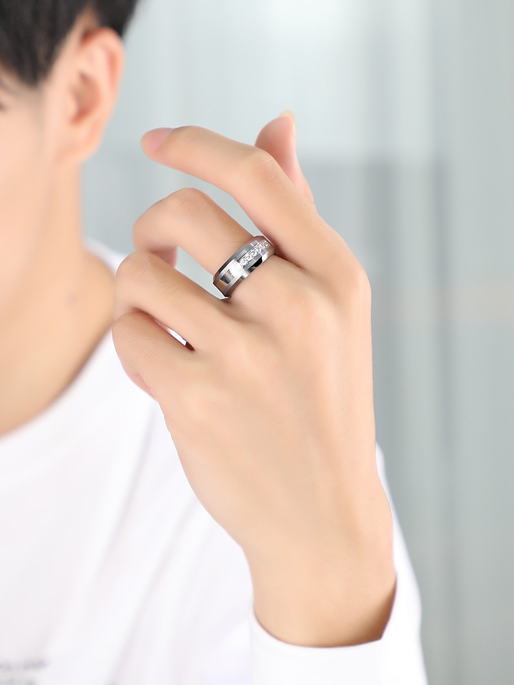 8mm Silver Ring Men's Wedding Ring Women's High-End Seven-Star Tungsten Gold Zircon Ring Couple Ring Starlight Ring Men's Tungsten Gold Ring 7 Zircon Inlay Wear-Resistant and Scratch-Resistant Free Engraving Light Luxury Design