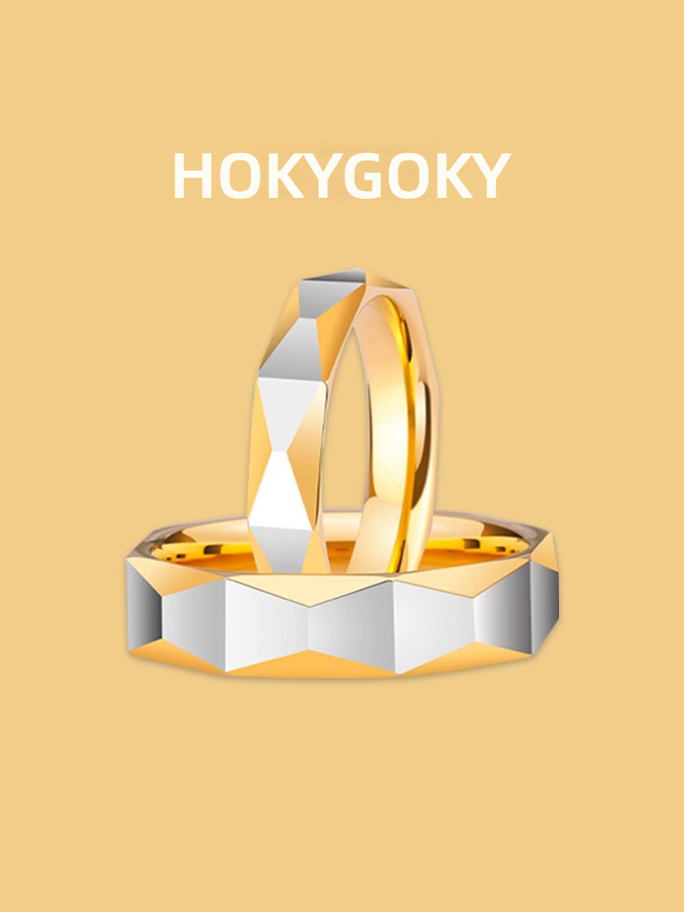 Men's Trendy Tungsten Gold Simple Personality Versatile Ring Ladies' Niche Faceted Index Finger Ring Couple Ring Jewelry Ling Love Couple Ring Gold and Silver Contrast Tungsten Gold Couple Ring Engraving Custom Pure and Loyal Love Symbol