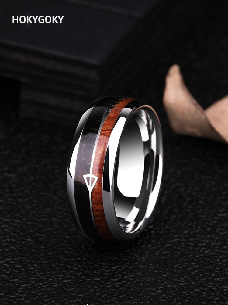 8mm Men's Ring Acacia Wood Punk Ring Bow and Arrow Tungsten Ring Atmospheric and Elegant Tungsten Acacia Wood Ring Hand-Inlaid Red Bean Wood Love at First Sight Design Scratch-Resistant and Wear-Resistant Men's Light Luxury Ring