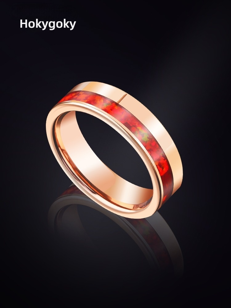 6mm Men's Red Opal Ring Trend Light Luxury Niche Exquisite High-end Trend Decoration Personality Engagement Ring Birthday Gift Rose Gold Tone Comfortable Fit