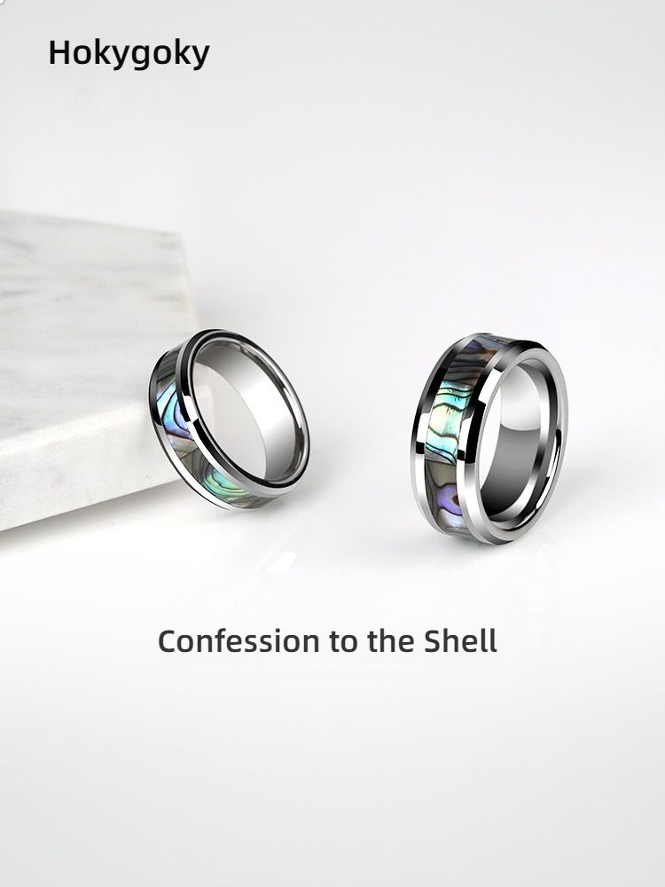 Men's Abalone Mother-of-pearl Tungsten Ring Trendy Personality Single Index Finger Pinky Ring Female Couple Ring Wedding Ring To Send Boyfriend Gift Comfortable To Wear