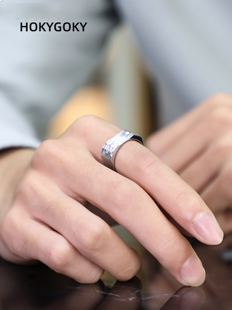 8mm Men's Ring Tungsten Gold Index Finger Silver Tungsten Steel Personality Men's Ring Square Men's Ring 857 Tungsten Gold Hand-Hammered Inner Circle and Outer Square Philosophical Meaning Wear-Resistant and Non-Fading Personality Ring