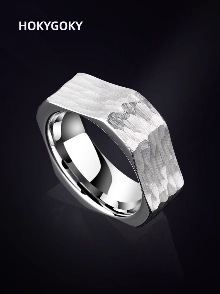 8mm Men's Ring Tungsten Gold Index Finger Silver Tungsten Steel Personality Men's Ring Square Men's Ring 857 Tungsten Gold Hand-Hammered Inner Circle and Outer Square Philosophical Meaning Wear-Resistant and Non-Fading Personality Ring