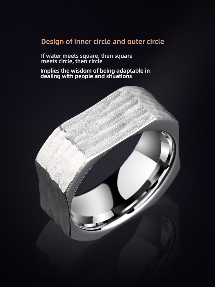 8mm Men's Ring Tungsten Gold Index Finger Silver Tungsten Steel Personality Men's Ring Square Men's Ring 857 Tungsten Gold Hand-Hammered Inner Circle and Outer Square Philosophical Meaning Wear-Resistant and Non-Fading Personality Ring