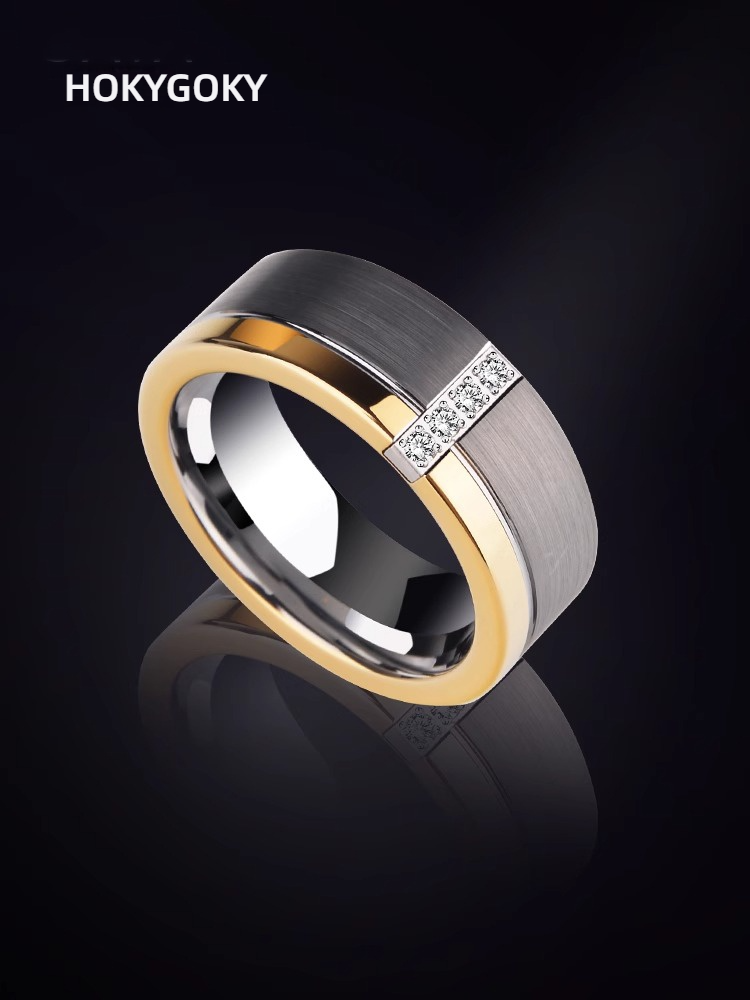 8mm Men's Ring Business Diamond Ring Frosted Contrast Color Fashion Ring Exclusive Identity Series King Ring Tungsten Gold Inlaid Diamond Gold Gray Contrast Color Round Inner Arc Comfortable Design Men's Personality Ring