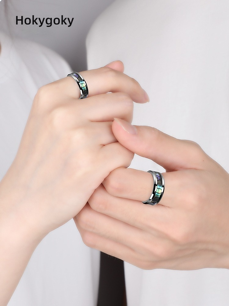Men's Abalone Mother-of-pearl Tungsten Ring Trendy Personality Single Index Finger Pinky Ring Female Couple Ring Wedding Ring To Send Boyfriend Gift Comfortable To Wear