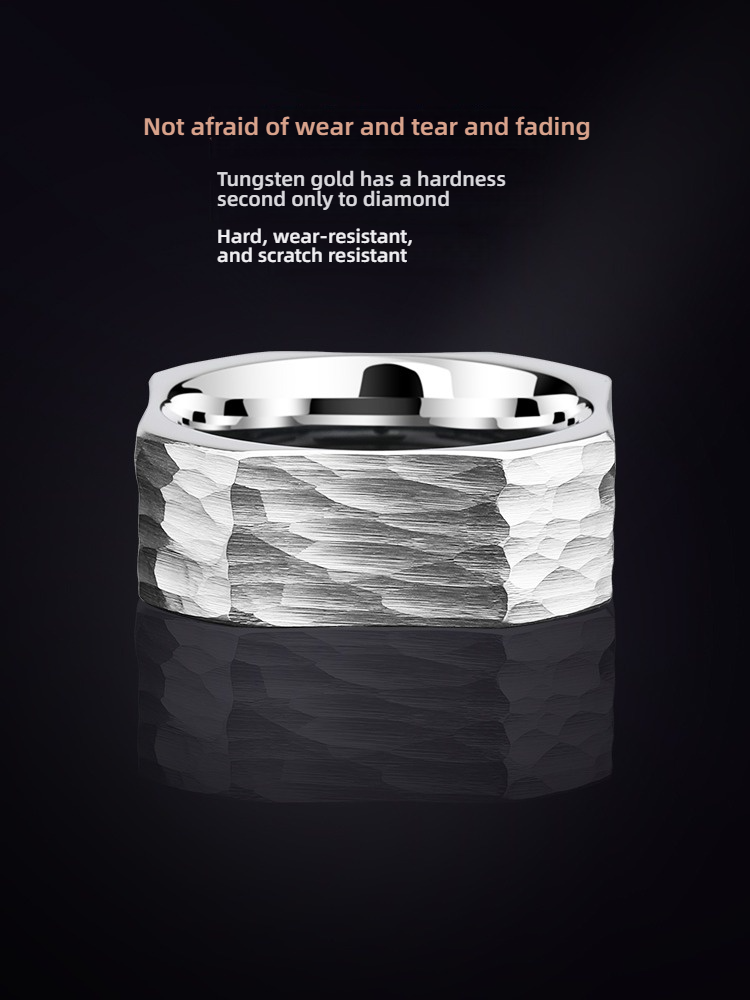 8mm Men's Ring Tungsten Gold Index Finger Silver Tungsten Steel Personality Men's Ring Square Men's Ring 857 Tungsten Gold Hand-Hammered Inner Circle and Outer Square Philosophical Meaning Wear-Resistant and Non-Fading Personality Ring