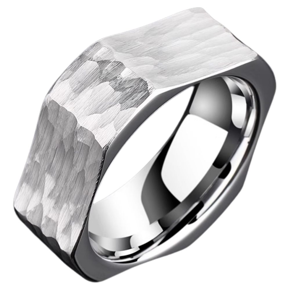 8mm Men's Ring Tungsten Gold Index Finger Silver Tungsten Steel Personality Men's Ring Square Men's Ring 857 Tungsten Gold Hand-Hammered Inner Circle and Outer Square Philosophical Meaning Wear-Resistant and Non-Fading Personality Ring