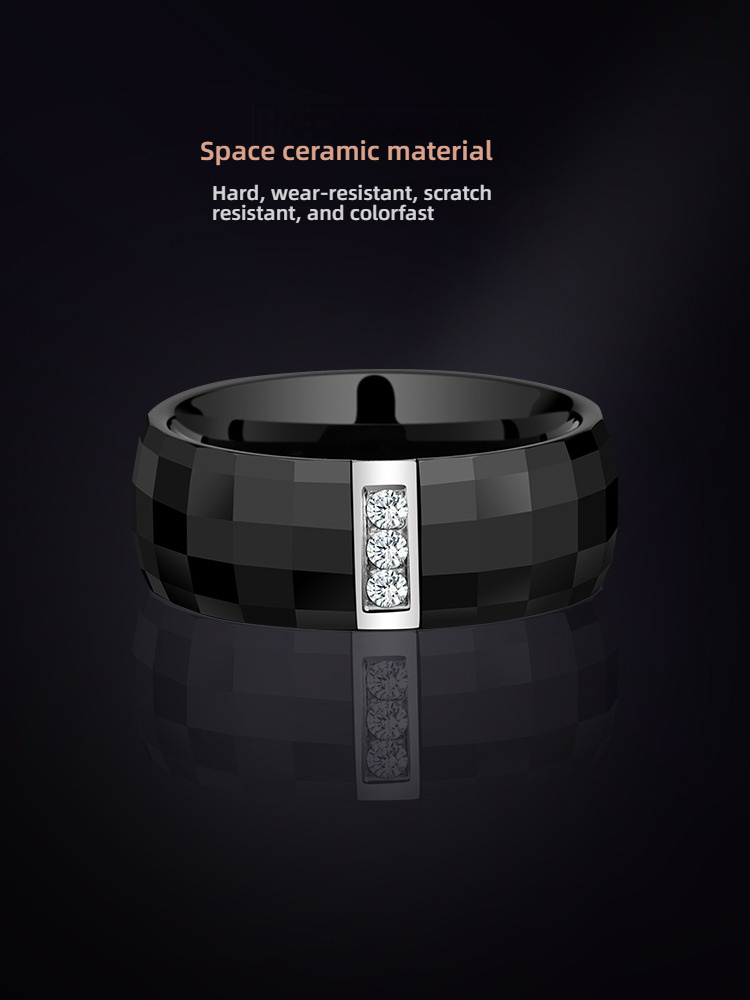8mm Non-Fading Ring for Men, Zircon Black, High-Grade Ceramic Index Finger, Single Trend, Simple and Light Luxury Men's Ring, Men's Ring - Space Ceramic Inlaid with Cubic Zirconia, Wear-Resistant and Comfortable