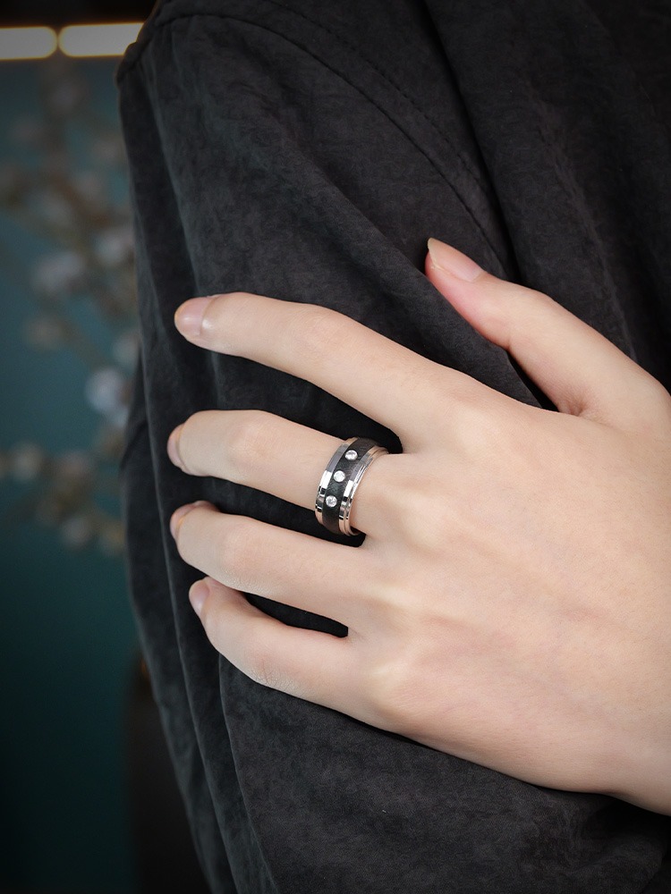 9mm Men's 857 Tungsten Gold Ring Exquisitely Inlaid with Zircon Diamond Ring Trendy High-end Black Wide Version Ring Fashionable Personality Single Versatile Comfortable Skin-friendly