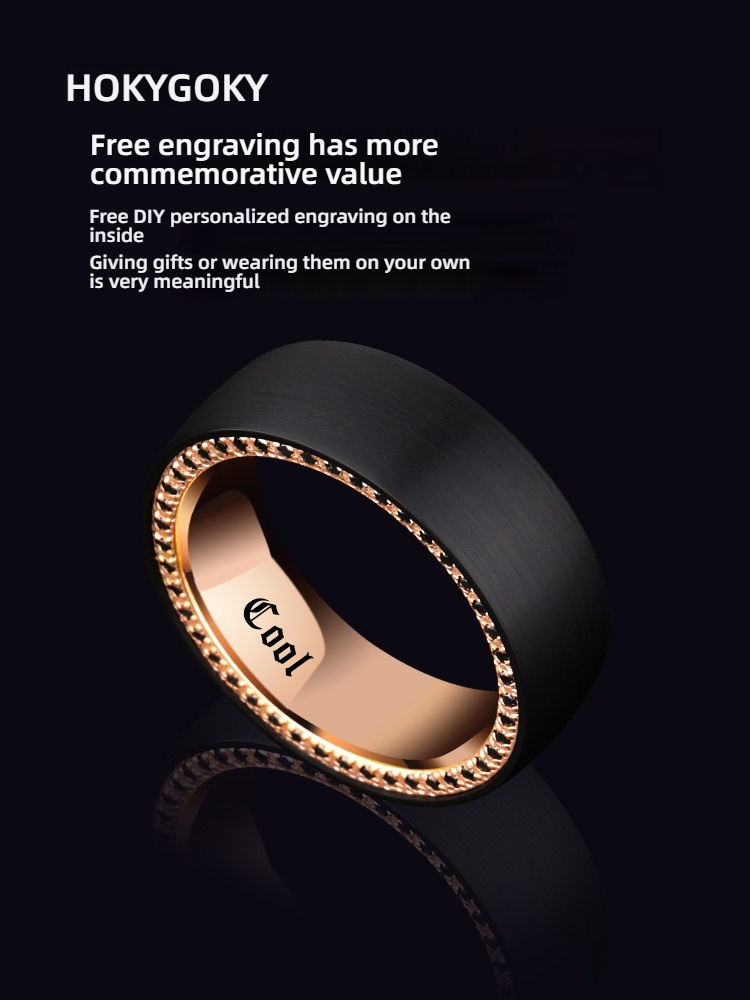 8mm Diamond Men's Ring Tungsten Steel Niche Personality Men's Ring Tungsten Gold Ring Pinky Ring Men's Night Shining Ring - Tungsten Gold Inlaid Black Zircon Free Engraving Ergonomic and Comfortable