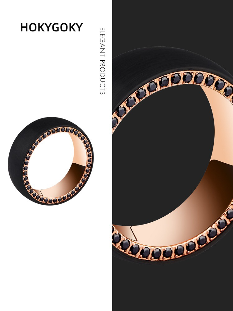 8mm Diamond Men's Ring Tungsten Steel Niche Personality Men's Ring Tungsten Gold Ring Pinky Ring Men's Night Shining Ring - Tungsten Gold Inlaid Black Zircon Free Engraving Ergonomic and Comfortable