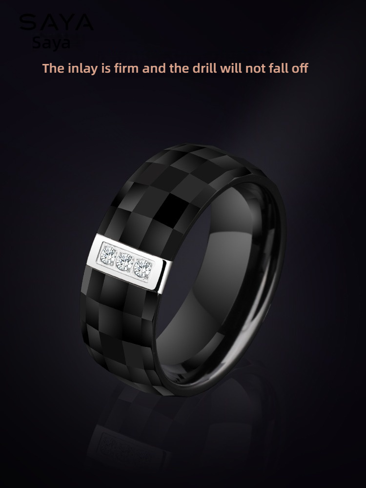 8mm Non-Fading Ring for Men, Zircon Black, High-Grade Ceramic Index Finger, Single Trend, Simple and Light Luxury Men's Ring, Men's Ring - Space Ceramic Inlaid with Cubic Zirconia, Wear-Resistant and Comfortable