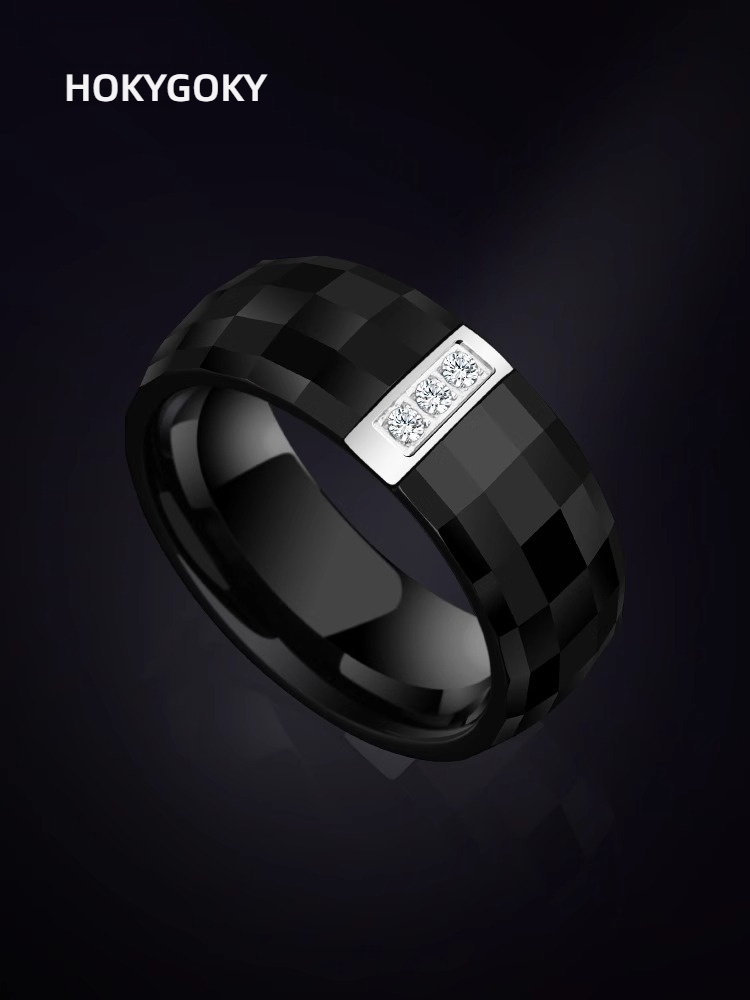 8mm Non-Fading Ring for Men, Zircon Black, High-Grade Ceramic Index Finger, Single Trend, Simple and Light Luxury Men's Ring, Men's Ring - Space Ceramic Inlaid with Cubic Zirconia, Wear-Resistant and Comfortable