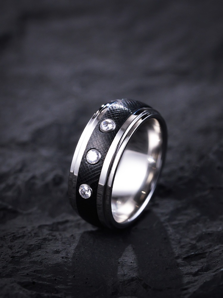 9mm Men's 857 Tungsten Gold Ring Exquisitely Inlaid with Zircon Diamond Ring Trendy High-end Black Wide Version Ring Fashionable Personality Single Versatile Comfortable Skin-friendly