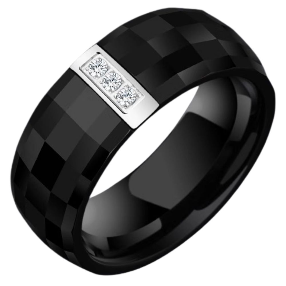8mm Non-Fading Ring for Men, Zircon Black, High-Grade Ceramic Index Finger, Single Trend, Simple and Light Luxury Men's Ring, Men's Ring - Space Ceramic Inlaid with Cubic Zirconia, Wear-Resistant and Comfortable