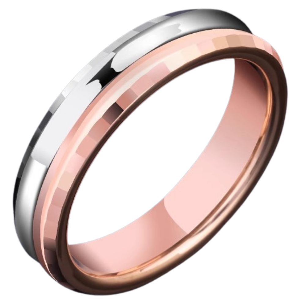 Men's Ring Trendy Personality Rose Gold High-End Tungsten Gold Multi-Faceted Concave Female Ring Two-Color Electroplated Tungsten Gold Male Ring Breakthrough Traditional Design Rose Gold-Silver Contrast Inner Arc Comfortable Support Engraving
