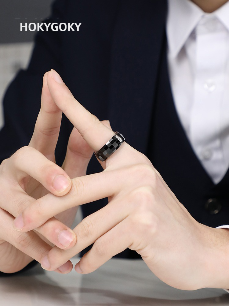 8mm Non-Fading Ring for Men, Zircon Black, High-Grade Ceramic Index Finger, Single Trend, Simple and Light Luxury Men's Ring, Men's Ring - Space Ceramic Inlaid with Cubic Zirconia, Wear-Resistant and Comfortable