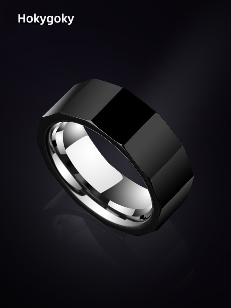 8mm Men's Black Tungsten Ring Tungsten Steel European and American Trendy Men's Fashion Accessories Index Finger Single Hard Wear-resistant Scratch-resistant No Fading