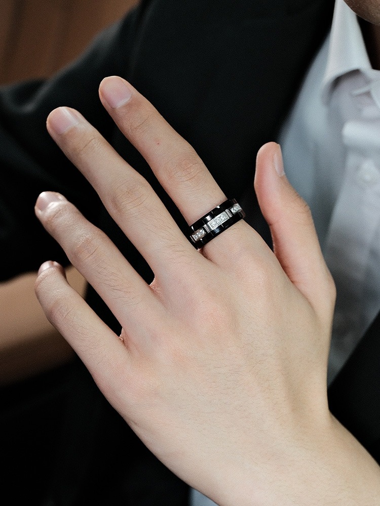 9mm Men's Ring Tungsten Gold Zircon Diamond Ring Trendy Personality High-End Fashion All-Match Black Ring 21 Finely Cut Zircon Claw Setting 857 Tungsten Gold Ergonomic Inner Arc Dragon Year of The Dragon