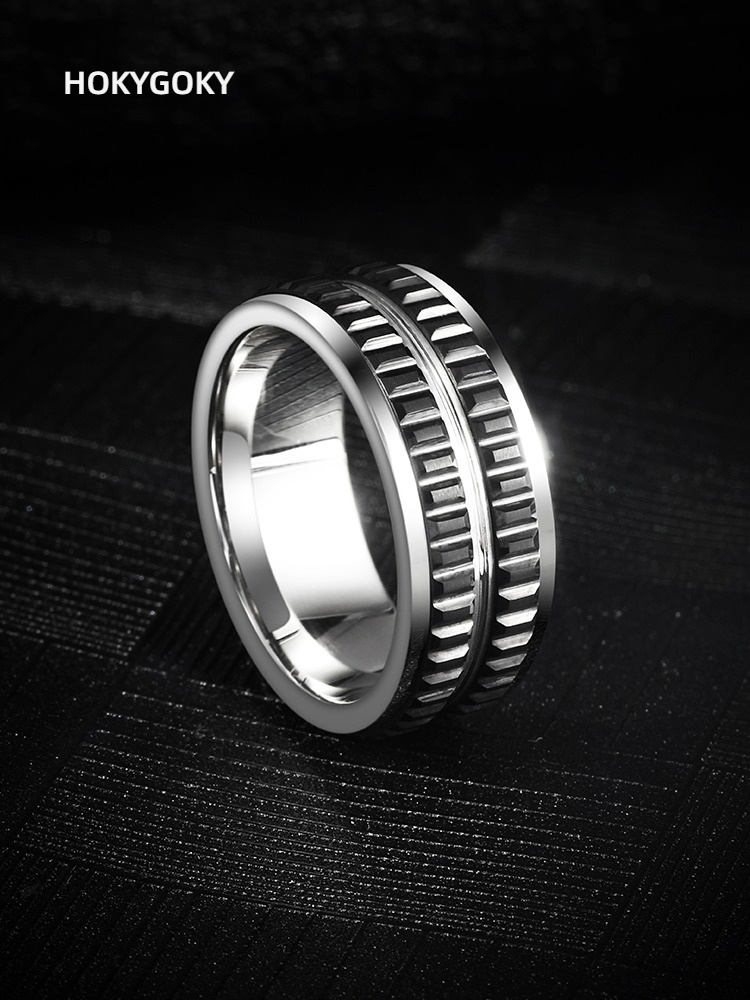 9mm Men's Black Ring, Niche Design, Versatile Ring, Personalized Gear Pattern, Tungsten Gold Men's Ring | 857 Tungsten Gold + Space Ceramic, Wear-Resistant and Scratch-Resistant, Ergonomic, Supports Private Customization