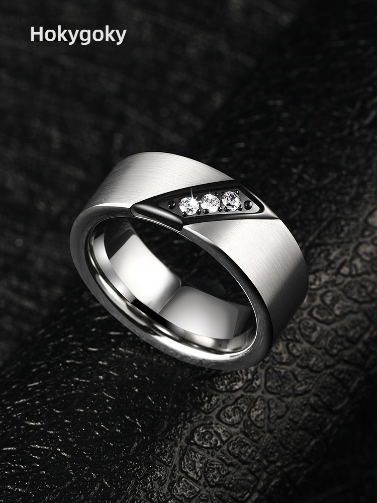 8mm Men's 857 Tungsten Gold Brushed Texture Ring Fashionable Personality All-match Inlaid Zircon Diamond Ring Index Finger Single Retro Ring Business Inner Arc Comfortable