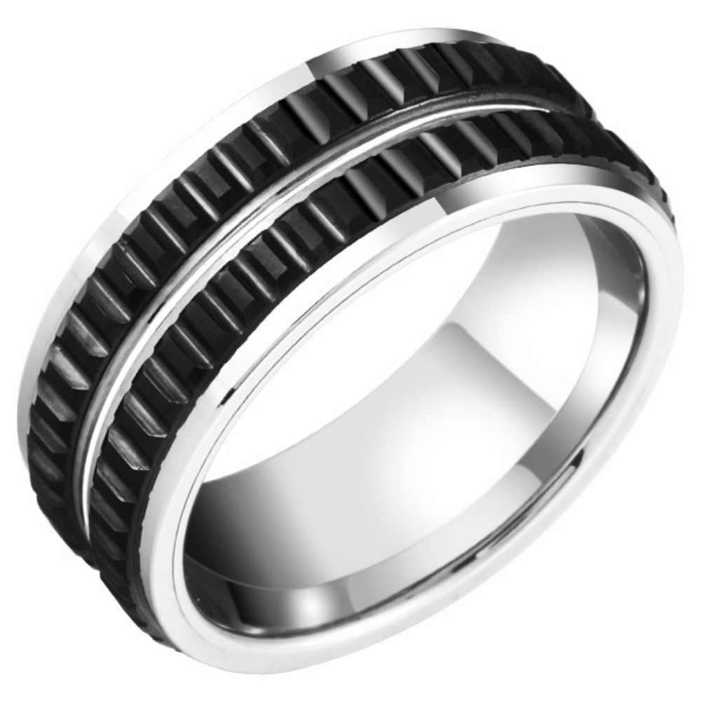 9mm Men's Black Ring, Niche Design, Versatile Ring, Personalized Gear Pattern, Tungsten Gold Men's Ring | 857 Tungsten Gold + Space Ceramic, Wear-Resistant and Scratch-Resistant, Ergonomic, Supports Private Customization