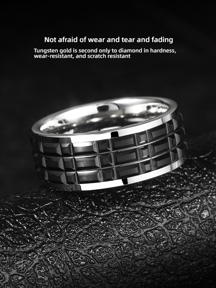 8mm Tungsten Ring for Men, Black, High-End Personality, Versatile Fashion Ring, Tungsten Ceramic Men's Ring, Checkerboard Design, 857 Tungsten, Wear-Resistant and Scratch-Resistant, Ergonomic and Comfortable, Supports Private Customization