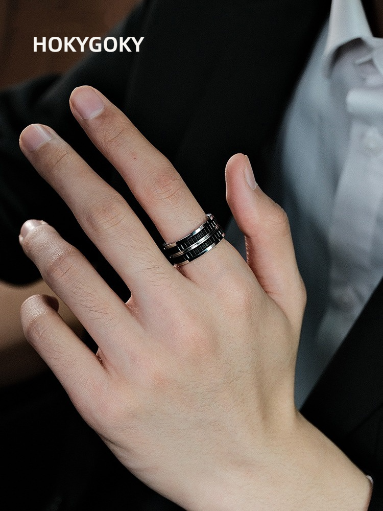 9mm Men's Black Ring, Niche Design, Versatile Ring, Personalized Gear Pattern, Tungsten Gold Men's Ring | 857 Tungsten Gold + Space Ceramic, Wear-Resistant and Scratch-Resistant, Ergonomic, Supports Private Customization