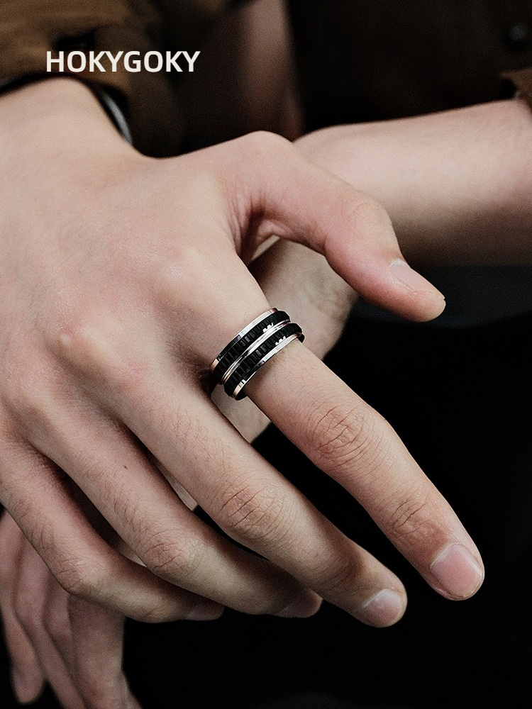 9mm Men's Black Ring, Niche Design, Versatile Ring, Personalized Gear Pattern, Tungsten Gold Men's Ring | 857 Tungsten Gold + Space Ceramic, Wear-Resistant and Scratch-Resistant, Ergonomic, Supports Private Customization