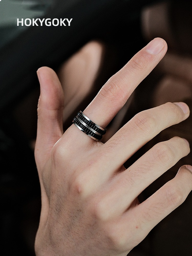 9mm Men's Black Ring, Niche Design, Versatile Ring, Personalized Gear Pattern, Tungsten Gold Men's Ring | 857 Tungsten Gold + Space Ceramic, Wear-Resistant and Scratch-Resistant, Ergonomic, Supports Private Customization