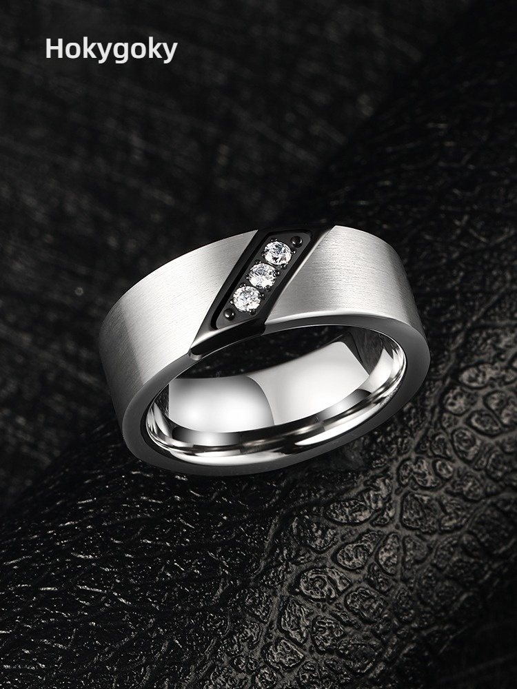 8mm Men's 857 Tungsten Gold Brushed Texture Ring Fashionable Personality All-match Inlaid Zircon Diamond Ring Index Finger Single Retro Ring Business Inner Arc Comfortable