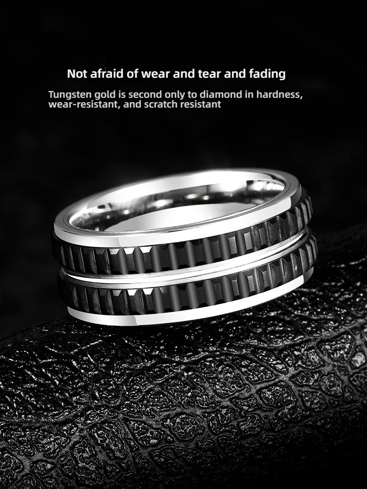 9mm Men's Black Ring, Niche Design, Versatile Ring, Personalized Gear Pattern, Tungsten Gold Men's Ring | 857 Tungsten Gold + Space Ceramic, Wear-Resistant and Scratch-Resistant, Ergonomic, Supports Private Customization
