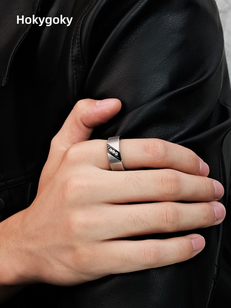 8mm Men's 857 Tungsten Gold Brushed Texture Ring Fashionable Personality All-match Inlaid Zircon Diamond Ring Index Finger Single Retro Ring Business Inner Arc Comfortable