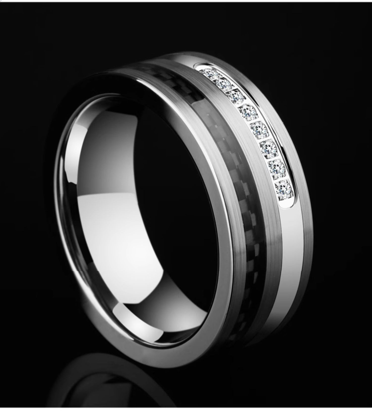 7mm Men's Tungsten Ring Trend Retro European and American Ring Ring Finger Black CNC Claw Inlaid Zirconia Carbon Fiber Index Finger Single Ring Fashionable and Durable
